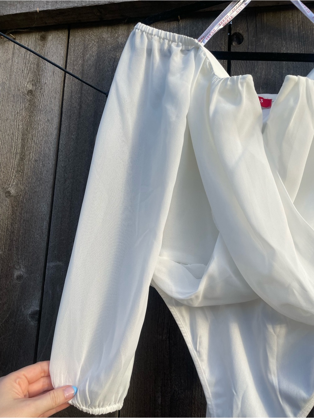Guess Off-Shoulder Long Sleeve Bodysuit in Cream White - Picture 4 of 5